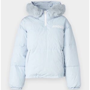 Ski women’s Light Blue winter Puffer Jacket fur trimmed hood half zip padded